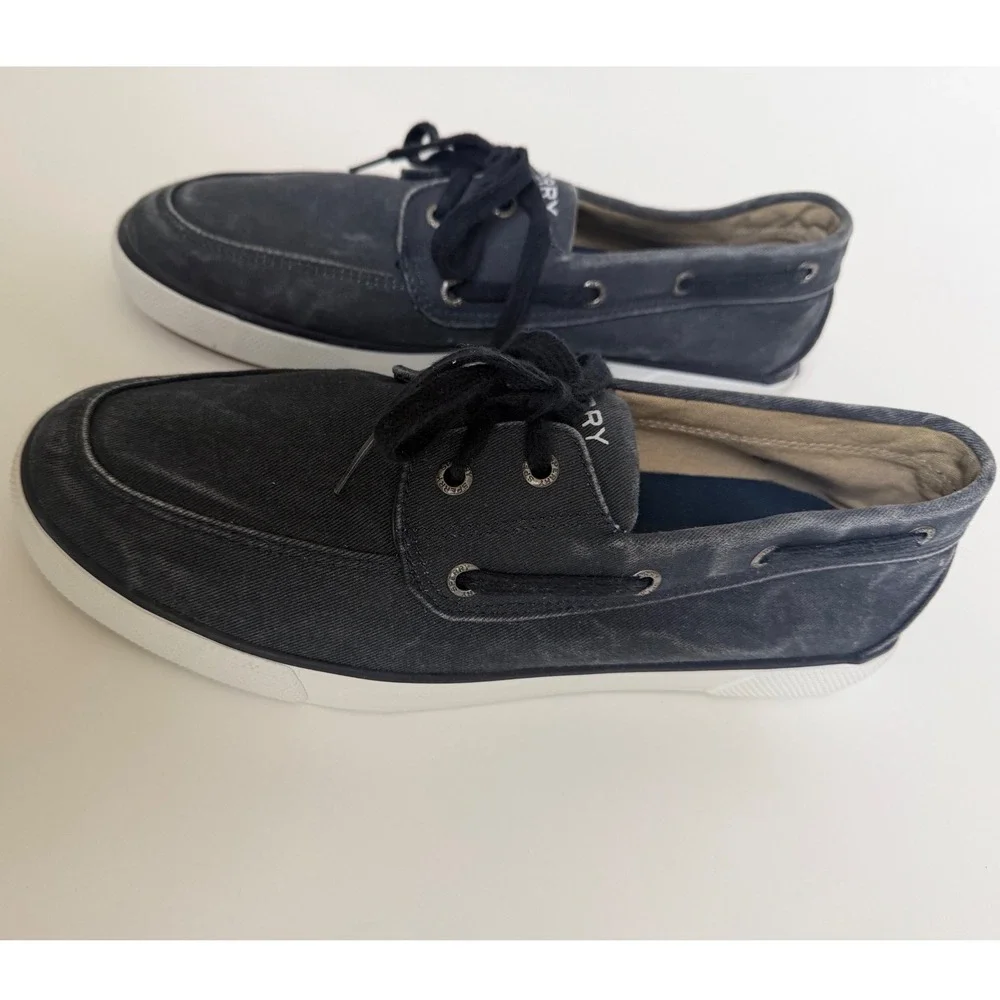 Sperry Top-Sider Mens Washed Navy Blue Canvas Boat Shoes Minimalist Sneakers 10